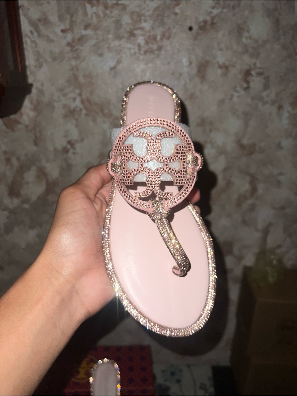 Tory Burch Rose Gold Crystal Logo Thong Sandals - Picture 5 of 6